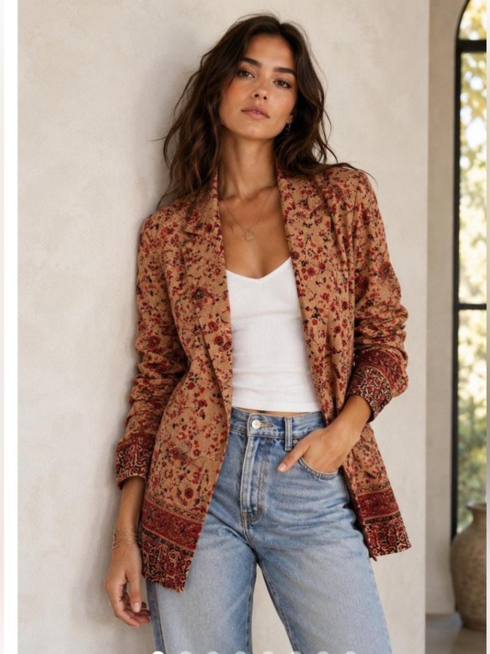 Free People Floral Oversized Relaxed Fit Blazer Brown & Red